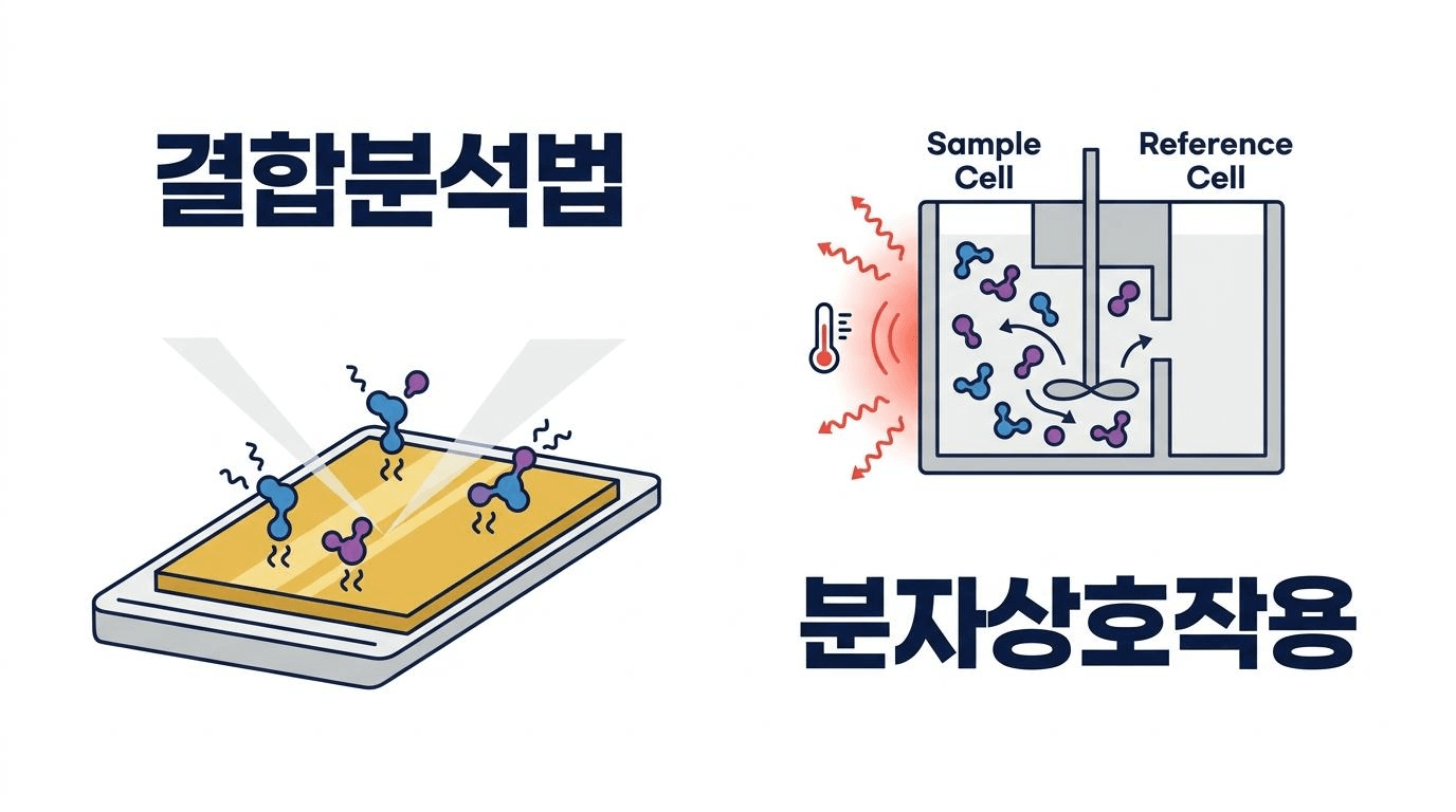 결합분석법과 분자상호작용을 나타내는 SPR 및 ITC 원리 비교 다이어그램